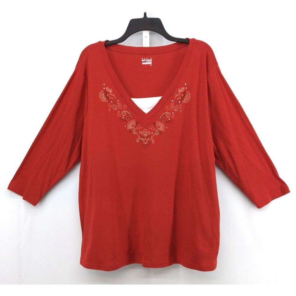 Basic Editions Shirt Womens Size 2X Burnt Orange Beaded Crocket 3/4 Sleeve Top